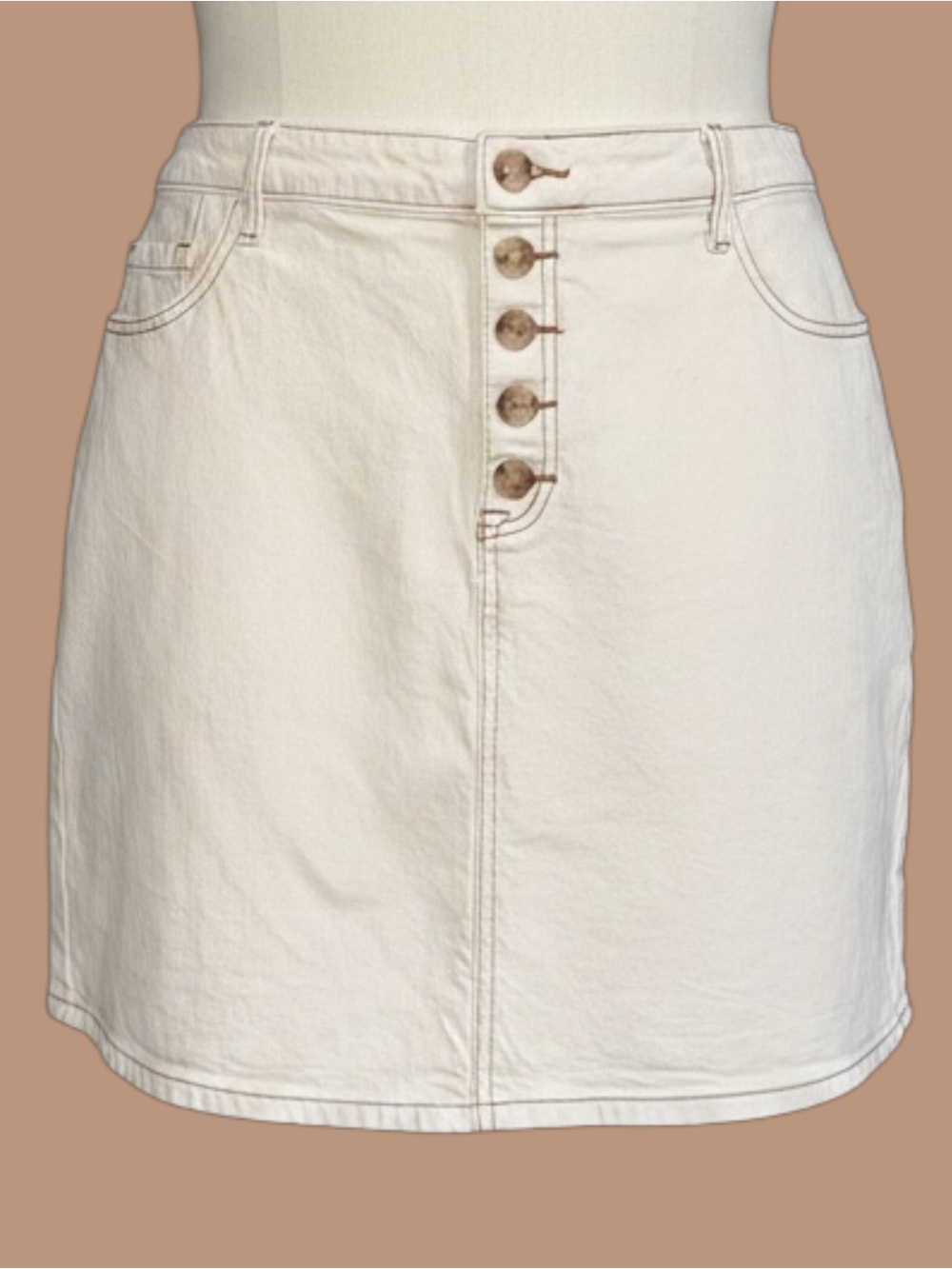 Torrid Off-White Mini Skirt with Brown Contrast Stitching and Button Fly